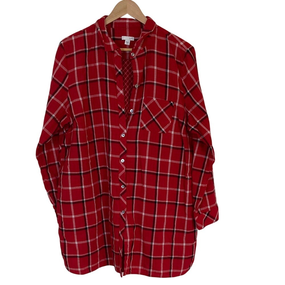J Jill Women's Cotton Red Plaid‎ Button-Up Tunic Shirt Size XL Classic Timeless
